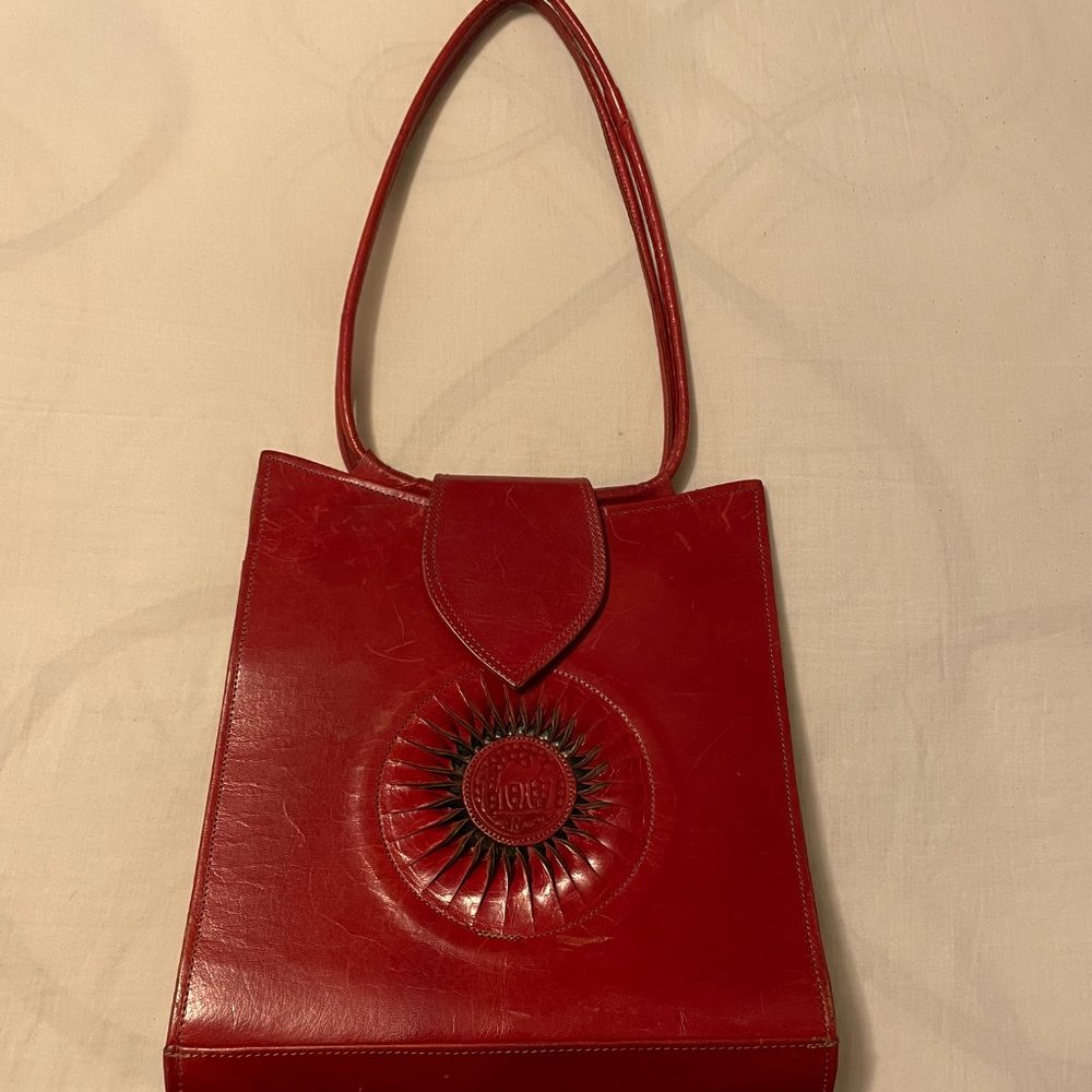 vintage  - red  leather - handbag
